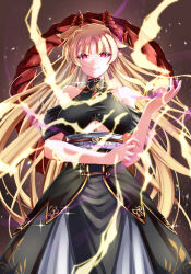 Rule 34 | 1girl, alternate form, bare shoulders, black dress, blonde hair, breasts, cleavage, closed mouth, clothing cutout, commentary request, dress, fate testarossa, highres, horns, large breasts, long dress, long hair, looking at viewer, lyrical nanoha, magic, mahou shoujo lyrical nanoha strikers, off-shoulder dress, off shoulder, paid reward available, parted bangs, red eyes, smug, solo, sougetsu izuki, standing, turtleneck, turtleneck dress, underboob cutout, very long hair