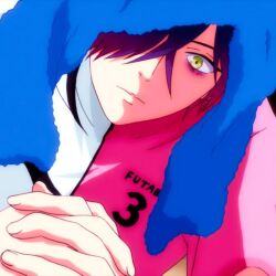 1boy angry blue_hair futaba_tomoe futsal_boys male_focus short_hair solo