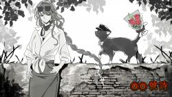 1girl alternate_costume blunt_bangs braid breasts brick_wall cat cat_tail chinese_commentary cleavage closed_mouth collarbone eyewear_on_head flower from_side genshin_impact hair_ribbon hands_on_own_hips hat large_breasts leaf long_braid long_hair looking_down looking_to_the_side low-tied_long_hair mole mole_under_eye momogourami monochrome outdoors partially_colored raiden_shogun red_flower red_rose ribbon rose scaramouche_(cat)_(genshin_impact) scaramouche_(genshin_impact) shirt single_braid skirt sleeves_rolled_up sunglasses tail tied_shirt