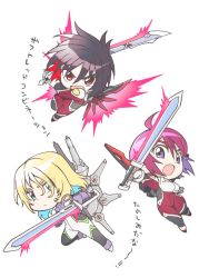Rule 34 | 1girl, 2boys, ahoge, black hair, blonde hair, blue eyes, breasts, chibi, destiny gundam, energy sword, gundam, gundam seed, gundam seed destiny, holding, holding sword, holding weapon, impulse gundam, legend gundam, long hair, looking at viewer, lunamaria hawke, mecha pilot suit, mechanical wings, multiple boys, nagi (exsit00), normal suit (gundam), open mouth, pilot suit, purple hair, red eyes, rey za burrel, shinn asuka, short hair, sword, weapon, wings, zaft (gundam)