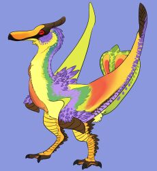 artist_request beak capcom fanart_digital feathers full_body green_feathers horns monster monster_hunter_(series) purple_feathers qurupeco_(monster_hunter) red_eyes scales short_wings simple_background source tail wings