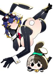 2girls :3 absurdres alternate_costume animal_ears ass between_breasts blonde_hair blue_hair breasts brown_hair butt_crack buttoned_cuffs buttons chibi dc_(makezzal) detached_collar dog_ears dog_girl eyewear_on_head fake_animal_ears fake_tail grey_hair hachiko_of_castling high_heels highres large_breasts last_origin long_sleeves lying meme_attire mini_hachiko_(last_origin) multicolored_hair multiple_girls necktie necktie_between_breasts on_stomach rabbit_ears rabbit_tail red_necktie reverse_bunnysuit reverse_outfit solid_oval_eyes sterling_(last_origin) sunglasses tail two-tone_hair yellow_eyes