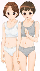 2girls blush bra breasts brown_eyes brown_hair cameltoe collarbone crotch_seam dedenden_(pixiv30568724) grey_bra grey_panties hand_on_own_chest looking_at_viewer looking_down multiple_girls navel open_mouth original panties short_hair small_breasts smile standing underwear white_background white_bra white_panties