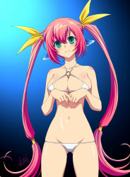 1girl animal_ears bikini breasts cleavage female_focus green_eyes large_breasts long_hair mcq original pink_hair solo swimsuit twintails very_long_hair white_bikini