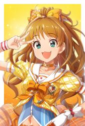 1girl :d aqua_eyes border bow bowtie breasts brown_hair buttons choker collarbone gloves hair_bow hair_ornament hand_up heart heart_print highres hino_akane_(idolmaster) idolmaster idolmaster_cinderella_girls kakaobataa long_hair looking_at_viewer navel open_mouth orange_bow orange_bowtie orange_choker orange_skirt outside_border pin sailor_collar shirt short_sleeves single_glove skirt small_breasts smile solo upper_body v white_border white_gloves white_sailor_collar yellow_background yellow_shirt