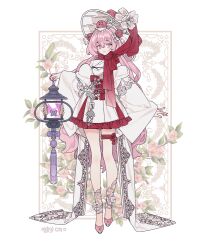 1girl bow closed_mouth commentary commission double-parted_bangs dress fashion floral_background flower full_body hair_between_eyes hair_ornament hat holding holding_lantern lantern lemon89h long_hair long_sleeves looking_at_viewer off_shoulder original pink_hair pink_nails pink_shoes red_scarf rococo_movement rose scar scar_on_face scarf shoes smile solo standing tassel thigh_strap thighhighs white_hat