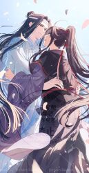 2boys ahoge bishounen black_hair black_hanfu chinese_clothes closed_mouth dated eye_contact falling_petals floating_hair hair_ribbon hand_on_another&#039;s_back hanfu headband height_difference high_ponytail highres hug kimako_(kimako_8) lan_wangji light_particles long_hair long_sleeves looking_at_another male_focus modao_zushi multiple_boys open_mouth petals ponytail purple_eyes red_ribbon ribbon robe sash sidelocks smile topknot twitter_username very_long_hair watermark wei_wuxian white_hanfu white_headband wide_sleeves xiao_guan_(headdress) yaoi yellow_eyes