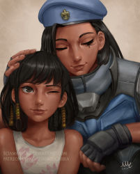 2girls aged_down alternate_hairstyle ana_(overwatch) armor artist_name bare_shoulders beret black_gloves black_hair blue_coat blue_headwear braid brown_background brown_eyes captain_amari child closed_eyes coat collarbone commentary dark-skinned_female dark_skin dated deviantart_username english_commentary eye_of_horus eyebrows eyelashes facial_mark facial_tattoo fingerless_gloves fingernails gloves hair_ornament hair_tubes hand_on_another&#039;s_head hat headpat high_collar highres italian_commentary jacket lips long_sleeves mature_female medium_hair military military_uniform mixed-language_commentary mother_and_daughter multiple_girls nose official_alternate_costume overwatch overwatch_1 paid_reward_available patreon_username pharah_(overwatch) realistic sciamano240 side_braids signature sleeveless smile swept_bangs tattoo upper_body watermark web_address