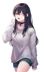 1girl absurdres alternate_costume arisyooon black_choker choker collarbone cowboy_shot crossed_bangs dolphin_shorts double-parted_bangs green_shorts grey_sweater hair_between_eyes highres ichinose_uruha long_hair lupinus_virtual_games multicolored_hair one_eye_closed open_mouth pendant_choker purple_eyes short_shorts shorts simple_background sleeves_past_wrists solo streaked_hair sweater virtual_youtuber vspo! white_background yawning