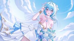 1girl absurdres bare_shoulders blue_eyes blue_flower blue_gemstone blue_hair blue_sky blush bouquet breasts cleavage cloud collarbone commentary commission day dress fingernails flower gem hair_between_eyes hand_up highres holding holding_bouquet ibbychan indie_virtual_youtuber large_breasts lips looking_at_viewer outdoors parted_lips sky sleeveless sleeveless_dress solo virtual_youtuber white_dress white_flower