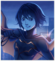 1girl batgirl batman_(series) black_bodysuit black_cape black_hair blue_eyes bodysuit border cape cassandra_cain dc_comics facial_scar highres holding holding_rope inksilvery looking_at_viewer outside_border rope scar scar_on_cheek scar_on_face scar_on_lip short_cape short_hair solo superhero_costume two-sided_cape two-sided_fabric upper_body white_border yellow_cape