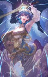 Rule 34 | 1girl, absurdres, alternate costume, arm up, armor, armored dress, armpits, bare shoulders, blue cape, blue eyes, blue hair, breastplate, breasts, cape, cosplay, cowboy shot, detached sleeves, dress, eposhim, falchion (fire emblem), female morgan (fire emblem), fire emblem, fire emblem awakening, fire emblem cipher, floating cape, fur-trimmed cape, fur trim, highres, holding, holding shield, holding sword, holding weapon, looking at viewer, lucina (fire emblem), lucina (fire emblem) (cosplay), lucina (hope-ruling queen) (fire emblem), medium breasts, nintendo, open mouth, second-party source, shield, short hair, simple background, solo, sword, teeth, tiara, upper teeth only, weapon