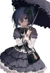 ahoge bag black_dress black_umbrella bow bowtie chuunibyou dress eyepatch frills gothic_lolita green_eyes handbag highres lolita_fashion looking_at_viewer non-web_source ribbon short_hair solo standing takanashi_rikka thighs umbrella