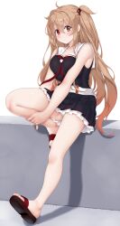 1girl adapted_costume bare_legs black_shirt black_skirt breasts brown_eyes brown_hair closed_mouth dd_(ijigendd) frilled_skirt frills full_body heterochromia highres kantai_collection large_breasts long_hair miniskirt murasame_(kancolle) murasame_kai_ni_(kancolle) red_eyes sandals shirt skirt sleeveless sleeveless_shirt solo toes two_side_up very_long_hair