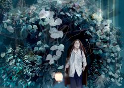 1boy backpack bag blue_eyes blue_pants brown_coat brown_gloves buttons cigarette coat coat_over_head collarbone collared_shirt commentary_request cowboy_shot dress_shirt ginko_(mushishi) gloves hair_over_one_eye hand_in_pocket holding holding_lantern ivy lantern leaf male_focus mouth_hold mushishi open_clothes open_coat pants plant saiga_tokihito shirt solo white_hair white_shirt