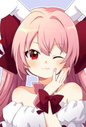 1girl :3 animal_ears bare_shoulders blue_background bow closed_mouth di_gi_charat dice_hair_ornament fingernails hair_bow hair_ornament long_hair looking_at_viewer one_eye_closed oumi_neneha outline pink_hair rabbit_ears red_bow red_eyes solo upper_body usada_hikaru white_outline wrist_bow