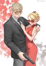 Rule 34 | 1boy, 1girl, alternate costume, alternate hairstyle, artist name, black-framed eyewear, black necktie, blazer, blonde hair, blue eyes, braid, braided bun, breasts, closed mouth, collarbone, collared shirt, dress, dungeon meshi, elf, formal clothes, grey pants, gun, hair bun, hair ribbon, handgun, hazel eyes, highres, holding, holding gun, holding weapon, jacket, koolaidbois, laios touden, large breasts, lipstick, long hair, looking at viewer, makeup, marcille donato, necktie, pants, pink lips, pointy ears, red-framed eyewear, red dress, red ribbon, ribbon, shirt, sleeveless, sleeveless dress, sleeveless turtleneck, sleeveless turtleneck dress, smile, standing, suit, sunglasses, turtleneck, turtleneck dress, tuxedo, weapon, yellow eyes