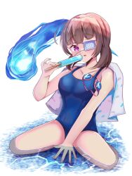 Rule 34 | 1girl, absurdres, blue fire, blue one-piece swimsuit, breasts, brown hair, competition school swimsuit, covered navel, eyepatch, fire, food, h ans (hmn anz), heaven burns red, highres, hiiragi kozue, medium hair, name tag, old school swimsuit, one-piece swimsuit, one eye covered, popsicle, purple eyes, school swimsuit, sitting, solo, swimsuit, wariza