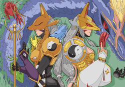 Rule 34 | armor, breasts, digimon, digimon (creature), fox mask, long hair, mask, pixiv user (36306715), sakuyamon, sakuyamon x-antibody, sharp teeth, talisman, teeth, yin yang