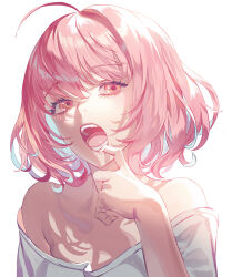 Rule 34 | 1girl, bare shoulders, breasts, fajyobore, highres, idolmaster, idolmaster cinderella girls, open mouth, pink eyes, pink hair, shirt, short hair, solo, white background, white shirt, yumemi riamu