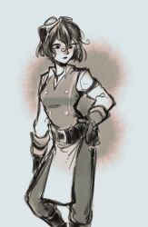 1girl belt black_hair breasts cassandra_(tangled) closed_mouth collared_shirt cowboy_shot expressionless eyewear_on_head gloves hair_between_eyes highres looking_down medium_breasts monochrome pants shirt short_hair solo standing tangled rapunzel&#039;s_tangled_adventure yukima