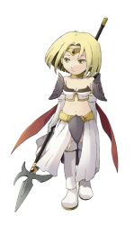 1girl armor blonde_hair boots enix fantasy gloves jewelry necklace non-web_source polearm short_hair simple_background solo spear square_enix weapon yellow_eyes