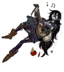 1girl adventure_time apple bite_mark black_hair closed_eyes colored_skin commentary english_commentary fangs food fruit grey_skin highres kkghost_tv long_hair marceline_abadeer musical_note pointy_ears simple_background solo vampire white_background