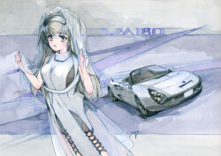 1girl breasts brown_eyes brown_hair commentary_request dress grey_dress hands_up hi_fumiyo highres long_hair looking_at_viewer medium_breasts original parted_lips personification see-through_clothes sleeveless sleeveless_dress solo toyota_mr2 traditional_media vehicle_and_personification veil very_long_hair
