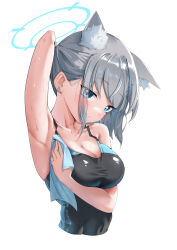 1girl absurdres animal_ear_fluff animal_ears armpits black_one-piece_swimsuit blue_archive blue_eyes breasts commentary competition_swimsuit covered_navel cropped_torso cross_hair_ornament extra_ears grey_hair hair_ornament halo highres low_ponytail medium_breasts medium_hair mismatched_pupils multicolored_swimsuit official_alternate_costume one-piece_swimsuit ponytail shiroko_(blue_archive) shiroko_(swimsuit)_(blue_archive) simple_background solo swimsuit towel upper_body white_background wolf_ears yeyu_leafishy