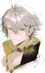 1boy antenna_hair aqua_eyes black_choker choker collarbone from_side grey_hair hair_between_eyes head_only high_collar highres honkai:_star_rail honkai_(series) looking_at_viewer looking_to_the_side multicolored_eyes parted_lips phainon_(honkai:_star_rail) shade short_hair simple_background sketch solo upper_body wavy_hair white_background yellow_pupils yomi4310