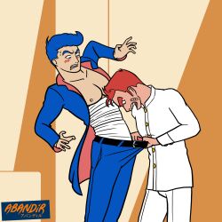 Rule 34 | 2boys, abandir, angry, arched back, artist logo, artist name, balancing, banchou, bandaid, bandaid on cheek, bandaid on face, bare pectorals, belt, belt buckle, blue hair, blush, bousouzoku, buckle, buttoned cuffs, buttons, clip studio paint (medium), clothes pull, collarbone, cowboy shot, delinquent, flat color, flattop, flustered, gakuran, highres, jacket, kunio-kun, kunio-kun series, leaning forward, limited palette, logo, looking at crotch, looking down, male focus, midriff sarashi, multiple boys, nervous sweating, open clothes, open jacket, paint palette, pants, pants pull, pectorals, pompadour, pulling another&#039;s clothes, red hair, riki (kunio-kun), sarashi, school uniform, self-upload, short hair, shouting, sideburns, standing, sweat, thick eyebrows, three quarter view, two-tone background, very short hair
