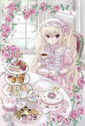 1girl blonde_hair bow cake classic_lolita cookie cup cupcake donut dress flower food frilled_dress frills hairband hashtag-only_commentary highres hime_lolita holding holding_cup ichigo_choco48 icing indoors leaf lolita_fashion lolita_hairband long_hair looking_at_viewer macaron original pastry pink_bow pink_dress pink_eyes pink_flower pink_hairband pink_rose rose sandwich saucer solo sugar_cube sweets table tea teacup teapot tiered_tray very_long_hair window