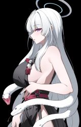 1girl azami_(blue_archive) azami_(blue_archive)_(cosplay) bell black_background black_kimono black_nails blue_archive breasts cosplay fingernails halo highres japanese_clothes jingle_bell kimono large_breasts long_hair looking_at_viewer nail_polish noa_(blue_archive) purple_eyes reia_76 sideboob simple_background sleeveless sleeveless_kimono slit_pupils snake_hair solo white_hair white_halo