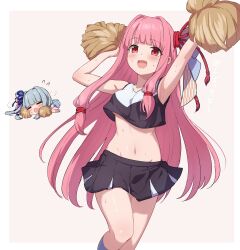 2girls :d =_= absurdres armpits blue_hair blunt_bangs border cheerleader chibi closed_eyes crop_top flying_sweatdrops groin highres kotonoha_akane kotonoha_aoi long_hair midriff multiple_girls navel open_mouth outside_border pink_background pink_hair pom_pom_(cheerleading) red_eyes ruttse siblings simple_background sisters smile sweat tareme voiceroid white_border