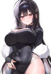 1girl absurdres black_dress black_hair breasts bright_pupils china_dress chinese_clothes cleavage colored_inner_hair commentary_request commission covered_navel cowboy_shot dress feather_boa floral_print hair_ornament hairclip highres impossible_clothes impossible_dress korean_commentary large_breasts long_hair long_sleeves looking_at_viewer multicolored_hair nail_polish no_panties original parted_lips red_eyes rie_(mirae_yang) sansa_(fresh_udon_noodles) side_slit simple_background solo sweatdrop very_long_hair white_background