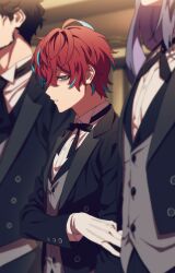 3boys ahoge amayado_rei aqua_eyes arms_behind_back bags_under_eyes black_hair black_jacket black_suit blurry blurry_background butler cheekbones collared_shirt cowboy_shot cross_tie depth_of_field enmto facial_hair formal_clothes from_side gloves grey_vest hair_between_eyes hand_on_own_arm height_difference hypnosis_mic hypnosis_mic:_alternative_rap_battle jacket jinguji_jakurai kannonzaka_doppo lapels long_hair long_sleeves looking_at_viewer male_focus multicolored_hair multiple_boys neck_ribbon official_alternate_costume open_clothes open_jacket parted_lips peaked_lapels purple_hair raised_inner_eyebrows red_hair ribbon shirt short_hair sideburns solo_focus standing streaked_hair suit tailcoat vest waistcoat wavy_hair white_gloves white_shirt wingtip_collar