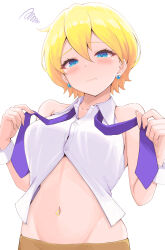 Rule 34 | 1girl, bemani, blonde hair, blue eyes, blush, breasts, brown skirt, closed mouth, collarbone, collared shirt, commentary request, dress shirt, earrings, groin, hair between eyes, half-closed eyes, hands up, highres, holding necktie, jewelry, judy (pop&#039;n music), looking at viewer, medium breasts, navel, necktie, pop&#039;n music, purple necktie, shirt, short hair, simple background, skirt, solo, squiggle, temari rin, white background, white shirt