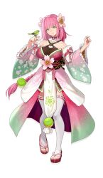 1girl artist_request bird braid braided_ponytail breasts choker cleavage closed_mouth detached_sleeves female_focus flower full_body green_bird green_eyes hair_flower hair_ornament highres large_breasts long_hair long_sleeves looking_at_viewer mole mole_under_eye official_art pink_hair rune_factory rune_factory:_guardians_of_azuma sandals sash smile solo thighhighs transparent_background ulalaka very_long_hair webp-to-png_conversion white_thighhighs
