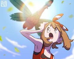 Rule 34 | 1girl, :o, armpits, bow, brown hair, gen 3 pokemon, hair bow, highres, kyonart, leaf, looking at another, looking up, may (pokemon), nintendo, open mouth, pokemon, pokemon (creature), pokemon oras, red bow, red shirt, shirt, short hair, sleeveless, sleeveless shirt, spanish commentary, sun, tropius, upper body
