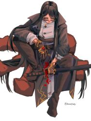 1girl artist_name baconepibaby black_coat black_gloves black_hair black_pants black_shoes cigarette coat commentary_request contempt_awe_(e.g.o) e.g.o_(project_moon) full_body gem gloves highres holding holding_sword holding_weapon limbus_company long_hair looking_at_viewer pants project_moon red_eyes red_gemstone ryoshu_(project_moon) shirt shoes sidelocks simple_background smoking solo sword twitter_username weapon white_background white_shirt