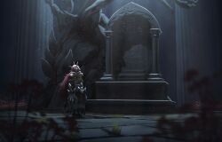 1boy armor claw_(weapon) commentary ender_lilies_quietus_of_the_knights english_commentary flower full_armor full_body glowing glowing_eyes highres knight light_particles light_rays long_hair looking_up monument qvarr red_eyes red_flower red_hair solo spiked_helmet spiked_pauldrons ulv_the_mad_knight weapon