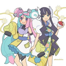 Rule 34 | 2girls, elesa (pokemon), elesa (sygna suit) (alt.) (pokemon), highres, iono (pokemon), iono (sygna suit) (pokemon), kokashiho, multiple girls, nintendo, official alternate costume, open mouth, pokemon, pokemon masters ex, sharp teeth, teeth