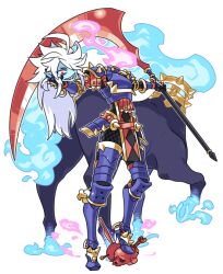 Rule 34 | 1boy, ahoge, arm armor, armband, armlet, armor, armored boots, arms up, blue armor, blue fire, blue skin, boots, breastplate, collar, colored skin, dullahan, fire, focas (inu fuji), full armor, full body, gauntlets, gold armor, gold trim, greaves, hair over one eye, head off, headless, hip armor, holding, holding head, holding own head, holding paper, holding scythe, holding weapon, horse, inu fuji, jewelry, knife, long hair, looking at viewer, looking to the side, male focus, monster boy, original, paper, pink fire, pointy ears, red armband, red eyes, scythe, sharp teeth, shoulder armor, sidelocks, simple background, skull, smile, spiked armband, spiked armlet, spiked armor, spiked collar, spikes, standing, teeth, weapon, white background, white hair
