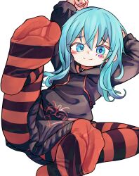 1girl black_hoodie black_skirt blue_eyes blue_hair chaosexceed closed_mouth commentary commission feet foot_focus highres hood hood_down hoodie long_hair long_sleeves looking_at_viewer no_shoes original paid_reward_available pantyhose pixiv_commission red_pantyhose simple_background skirt smile soles solo striped_clothes striped_pantyhose toes white_background