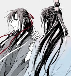 2boys bishounen black_hair black_hanfu chinese_clothes coat grey_background grey_coat hair_down hair_ribbon half_updo hanfu headband highres holding_another&#039;s_wrist lan_wangji limited_palette long_hair looking_at_another male_focus modao_zushi monochrome multiple_boys official_alternate_costume official_alternate_hairstyle open_clothes open_coat parted_lips ponytail red_ribbon ribbon robe sash simple_background smile spot_color topknot twitter_username upper_body w2biiro watermark wei_wuxian wei_wuxian_(yiling_laozu) white_hanfu white_headband wide_sleeves xiao_guan_(headdress) yaoi