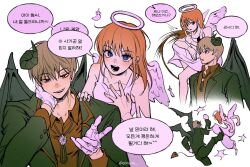 1boy 1girl angel angel_wings blue_eyes brown_hair demon demon_wings formal_clothes g0nyag gintama highres kagura_(gintama) okita_sougo orange_hair red_eyes suit wings