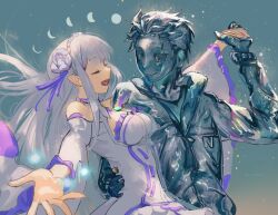 100shou 1girl dancing dress elf emilia_(re:zero) flower hair_flower hair_ornament highres natsuki_subaru pointy_ears purple_ribbon re:zero_kara_hajimeru_isekai_seikatsu ribbon statue white_flower