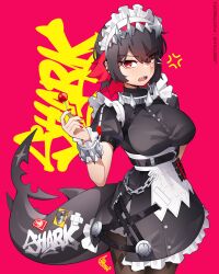 1girl absurdres anger_vein belt black_belt black_dress black_hair breasts candy cowboy_shot dress ellen_joe fins fish_tail food frills hand_on_own_hip highres holding holding_candy holding_food holding_lollipop jestami large_breasts lollipop looking_at_viewer maid_headdress pantyhose pink_background puffy_short_sleeves puffy_sleeves red_eyes shark_tail sharp_teeth short_hair short_sleeves signature simple_background solo tail teeth upper_teeth_only wrist_cuffs zenless_zone_zero
