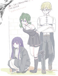 Rule 34 | 1boy, 2girls, black boots, black pants, black robe, blonde hair, boots, brick wall, brown eyes, crossed arms, dress, fern (sousou no frieren), glasses, green hair, hood, hood down, hooded robe, land (sousou no frieren), leaning forward, multiple girls, open clothes, open robe, pants, purple eyes, purple hair, robe, seila rei, shirt, side ponytail, sousou no frieren, squatting, standing, standing on one leg, thigh strap, translation request, ubel (sousou no frieren), white background, white dress, white shirt