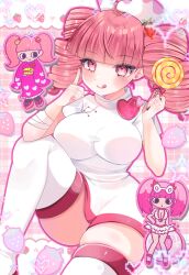 1girl bemani breasts candy dress drill_hair food hat heart_pin highres holding holding_candy holding_food holding_lollipop index_finger_raised large_breasts licking_lips lollipop mainai_(pochiwan1108) milk_(pop&#039;n_music) nurse nurse_cap pink_hair pop&#039;n_music red_eyes thighhighs tongue tongue_out twin_drills twintails white_dress white_thighhighs